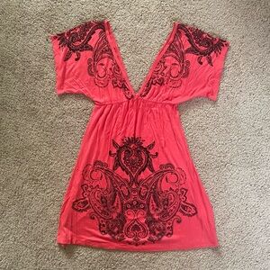 Love Culture Coral Deep V-Neck Dress with Black Paisley